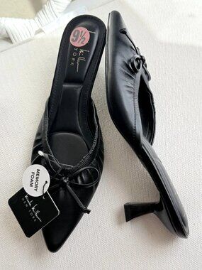 Nicole Miller New York Women's Black Pointed Toe Mules Bow Size 9.5 NWT